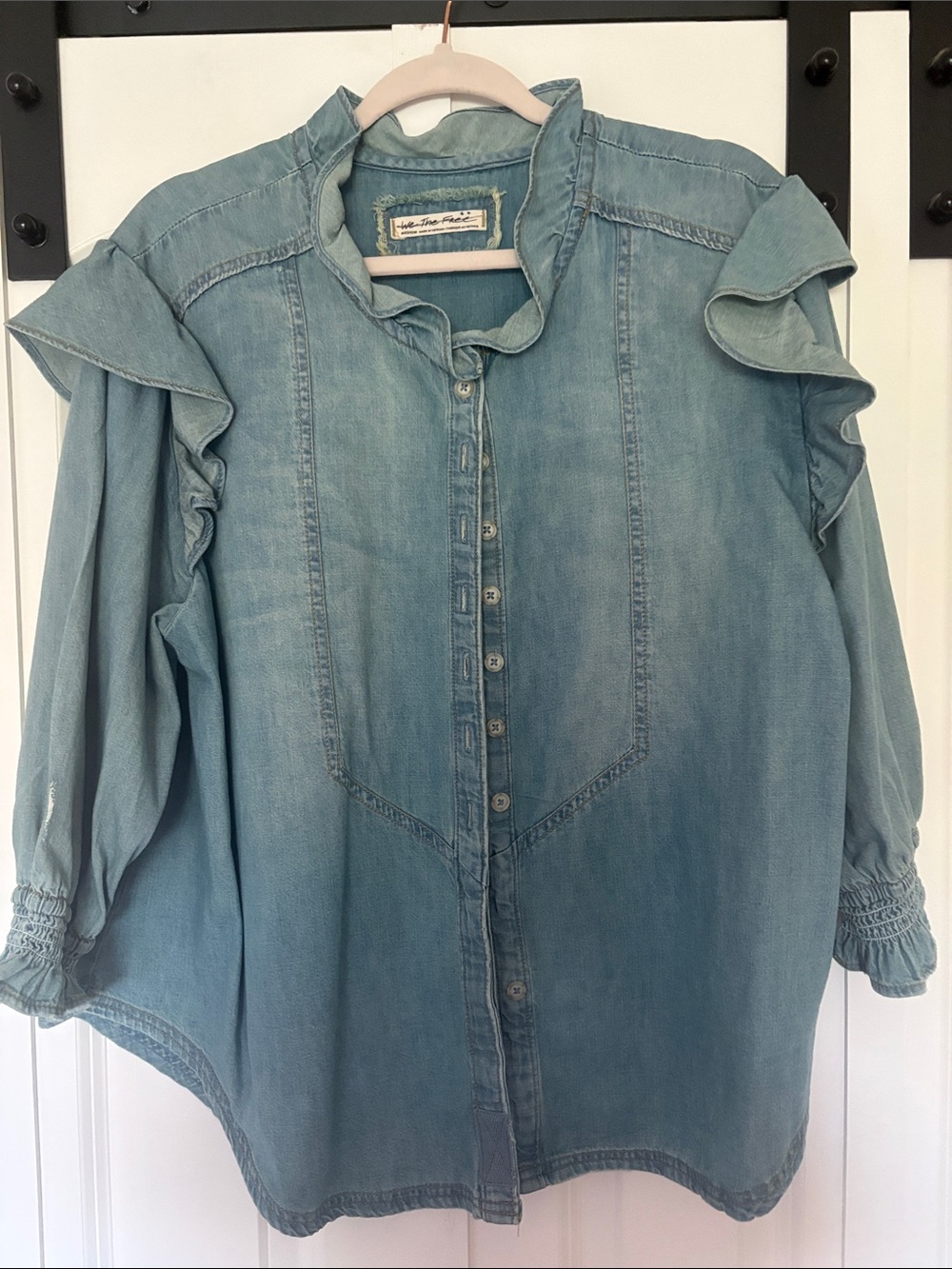 We The Free Light Blue Ruffle-Shoulder Denim Button-Down Top